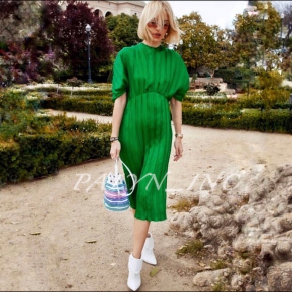 SOLD OUT❤️NWT ZARA LIMITED EDITION GREEN PLEATED MIDI DRESS - Picture 3 of 9